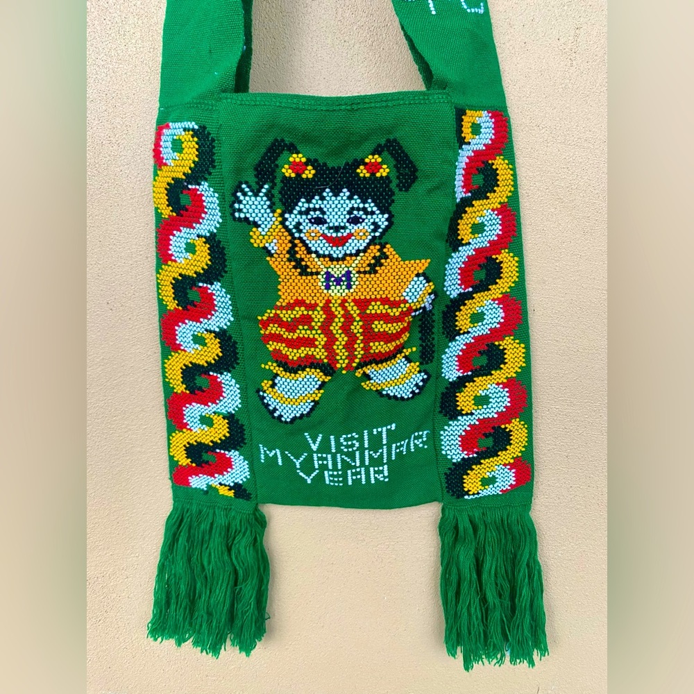 Vtg Green Myanmar Traditional Woven Crossbody Shoulder Bag Needlepoint Travel